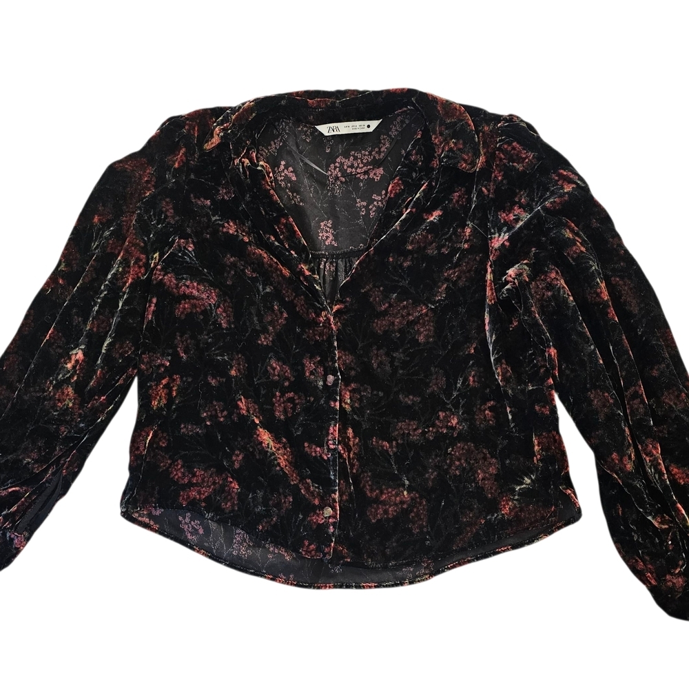 Zara Black and Red Floral Velvet Blouse - Picture 2 of 6